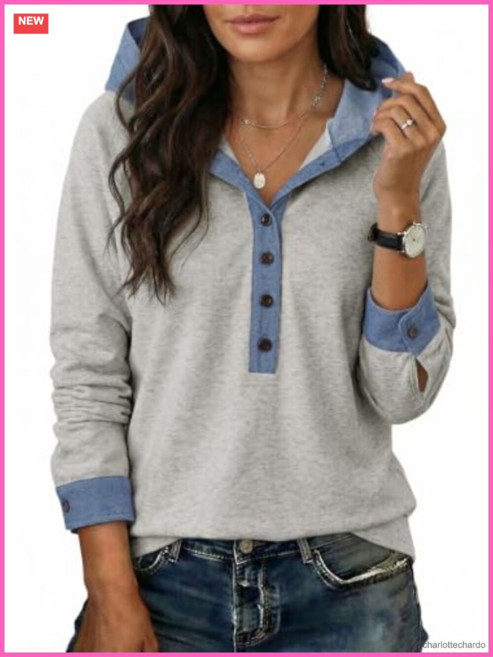 Women's Denim Colorblock Hooded Sweatshirt Casual Long Sleeve Pullover